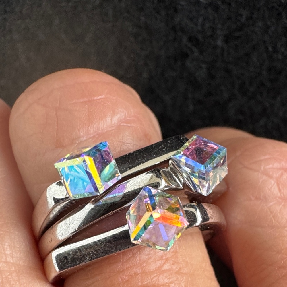 Sterling Silver 925 Triple Stack Ring with Aurora Crystal Cubes